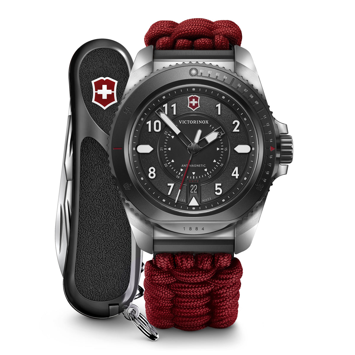 Victorinox Journey 1884 Stainless Steel Black Dial on Red Paracord Strap with Swiss Army Knife