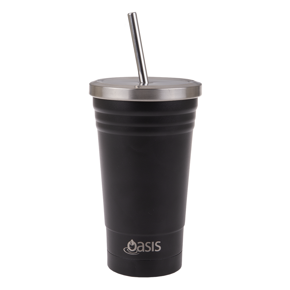 Oasis Stainless Steel Double Wall Smoothie Tumbler with Straw 500ml - Black