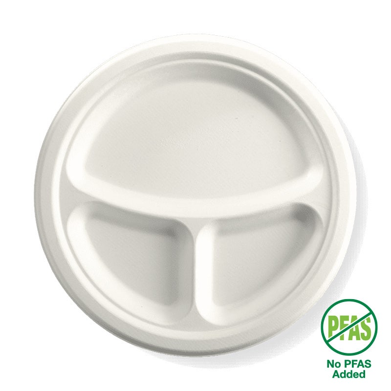 BioPak 25cm / 10" 3-Compartment Round Plant Fibre Plate (Carton of 500)