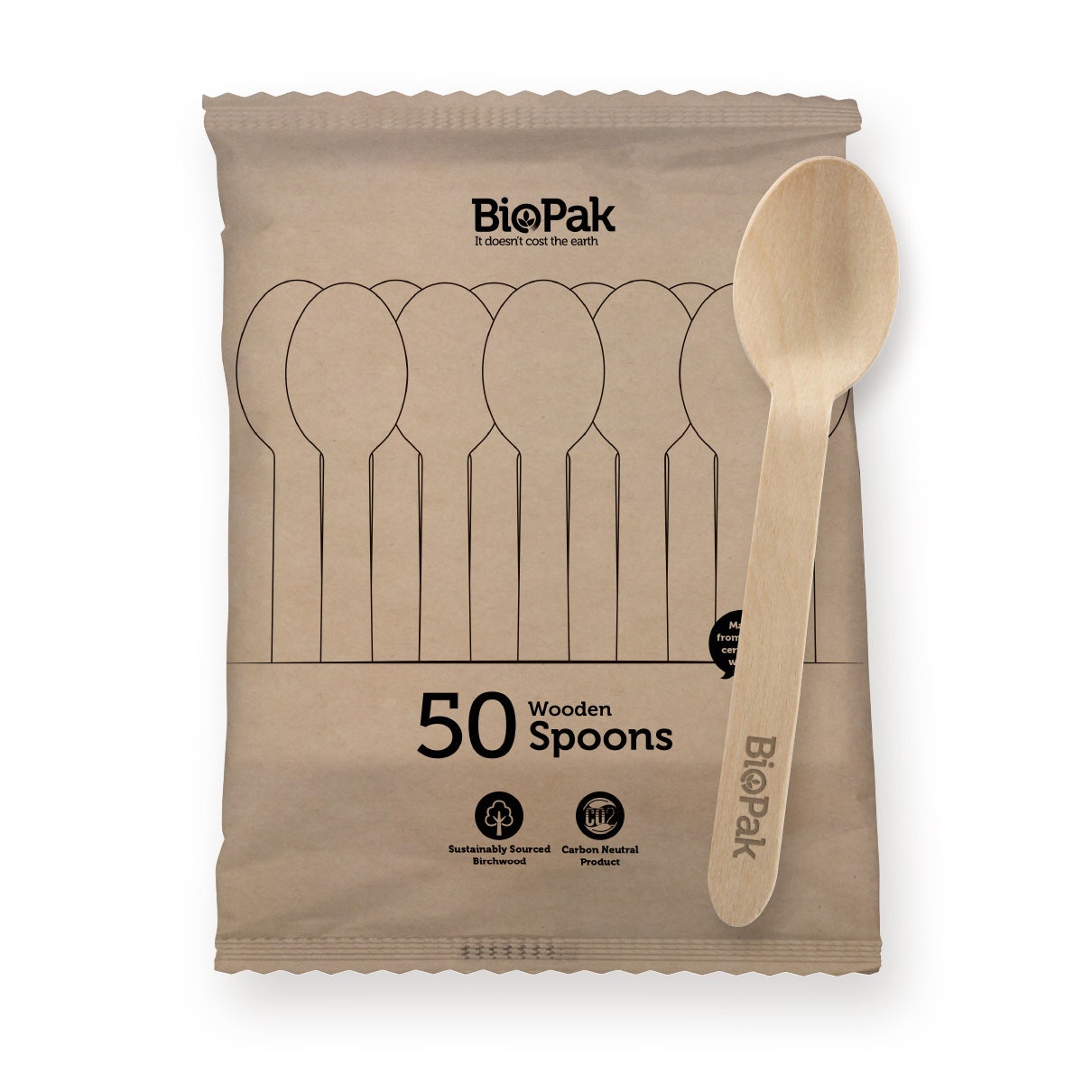 BioPak 50 Pack - 16cm Wooden Spoon In Paper Sleeves (Carton of 1000)