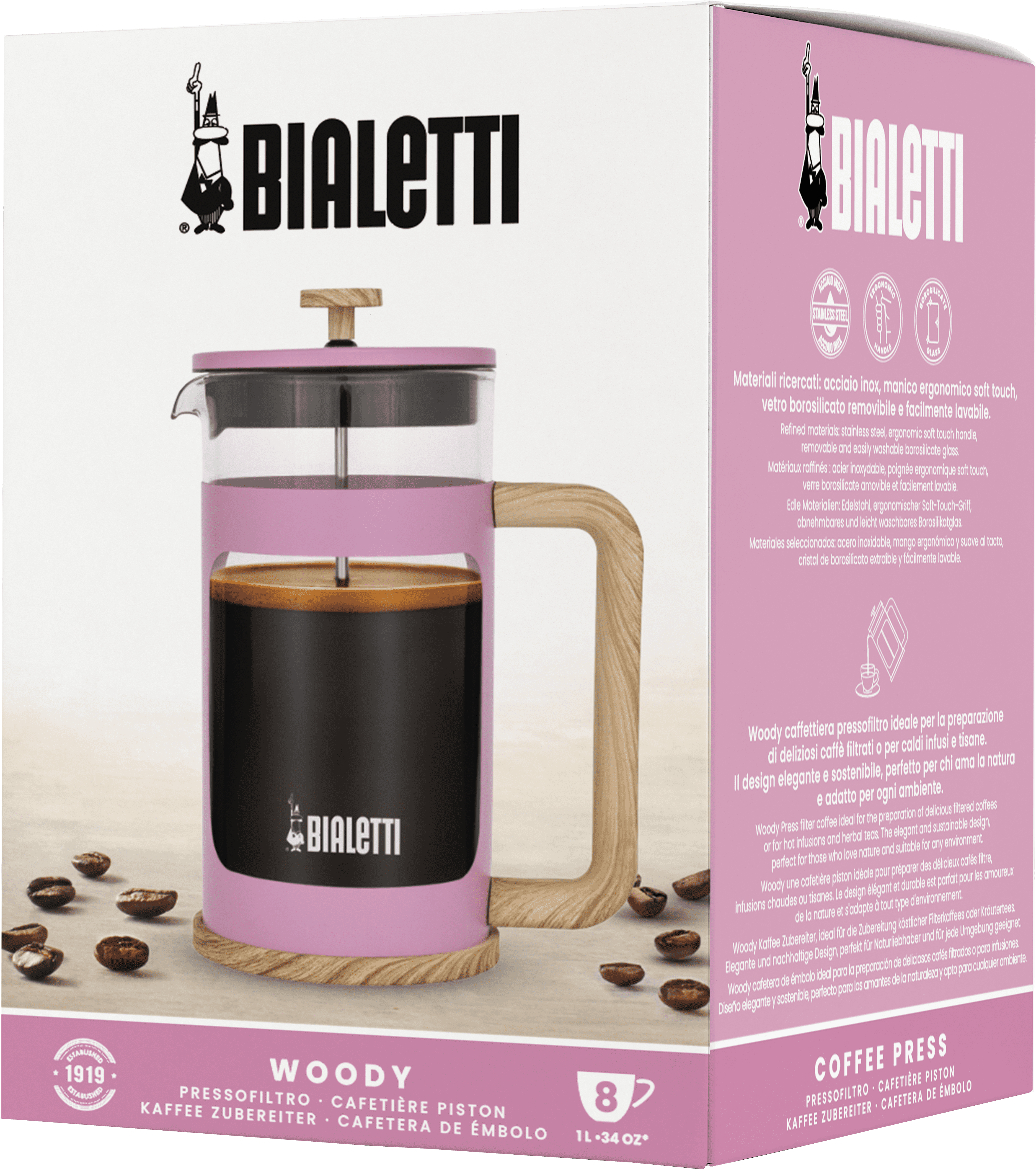 Bialetti Woody Coffee Press – Pink – 1 L