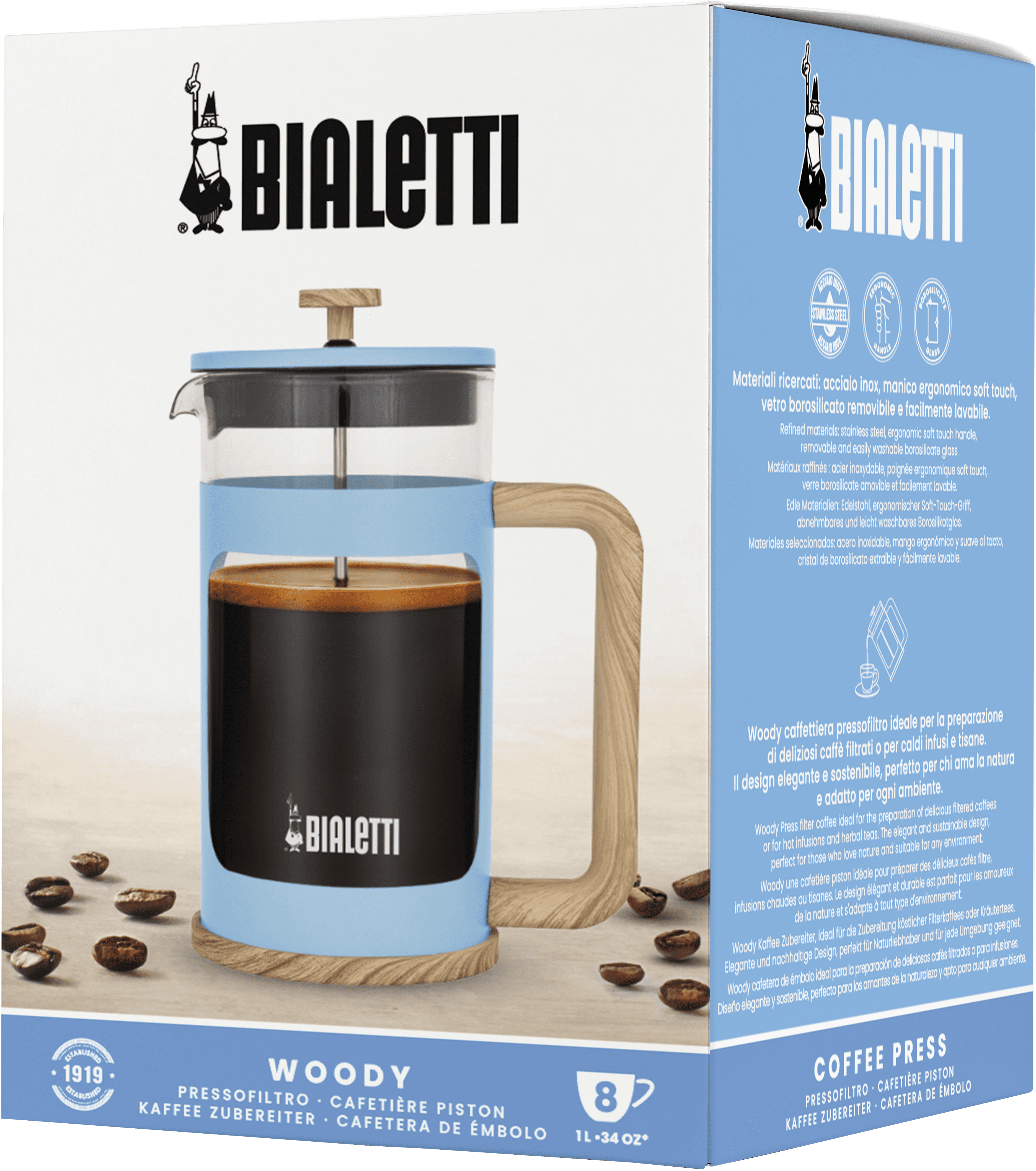 Bialetti Woody Coffee Press – Blue – 1 L
