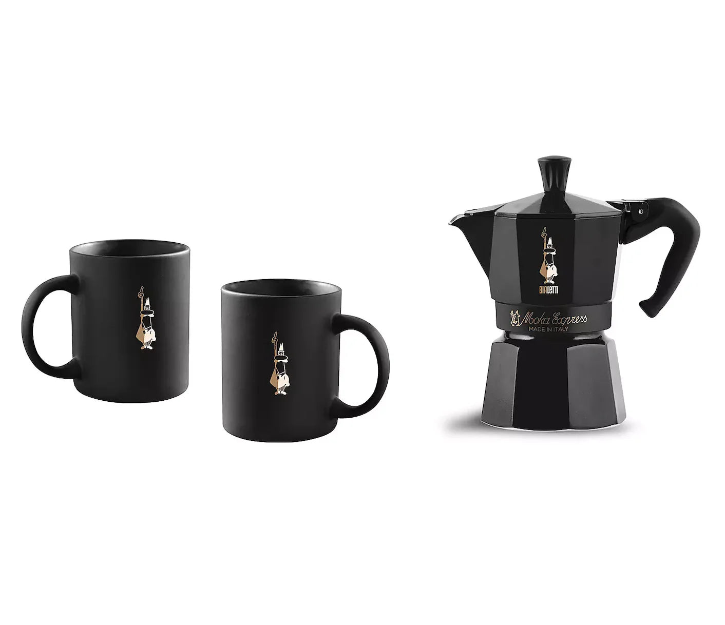Bialetti Moka Express – 6 Cup (270 ml) Black + 2 Mugs Gift Set
