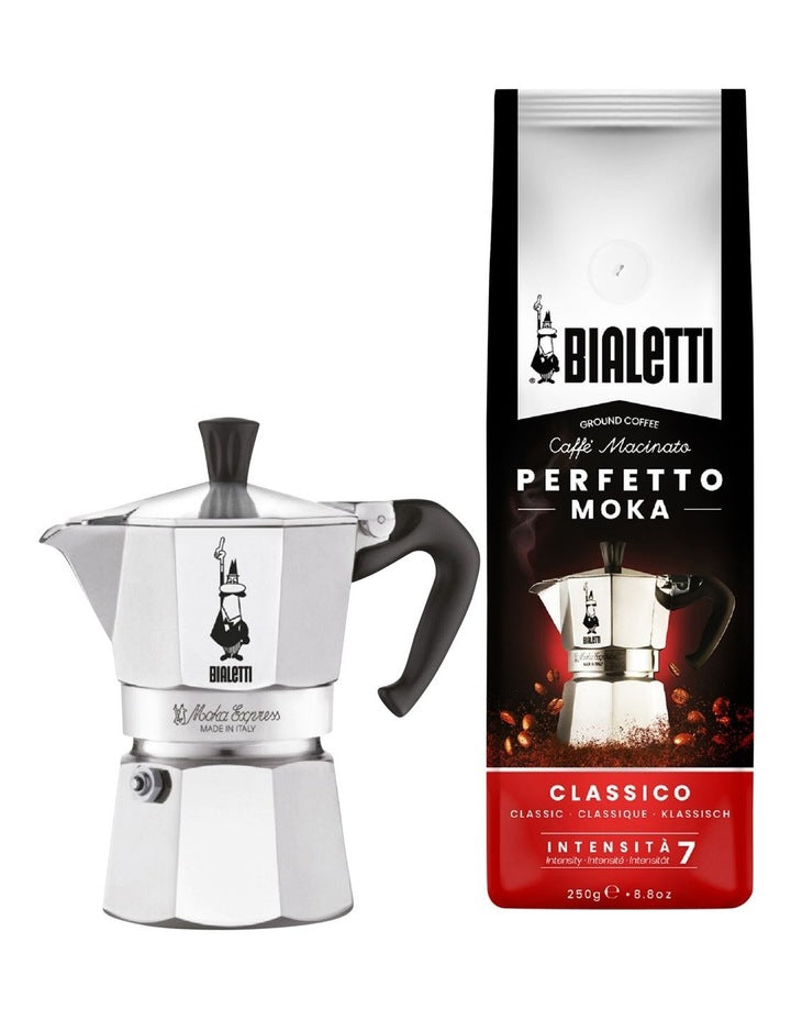 Bialetti Moka Express – 3 Cup (130 ml) + Perfetto Moka Classico Ground Coffee 250 g