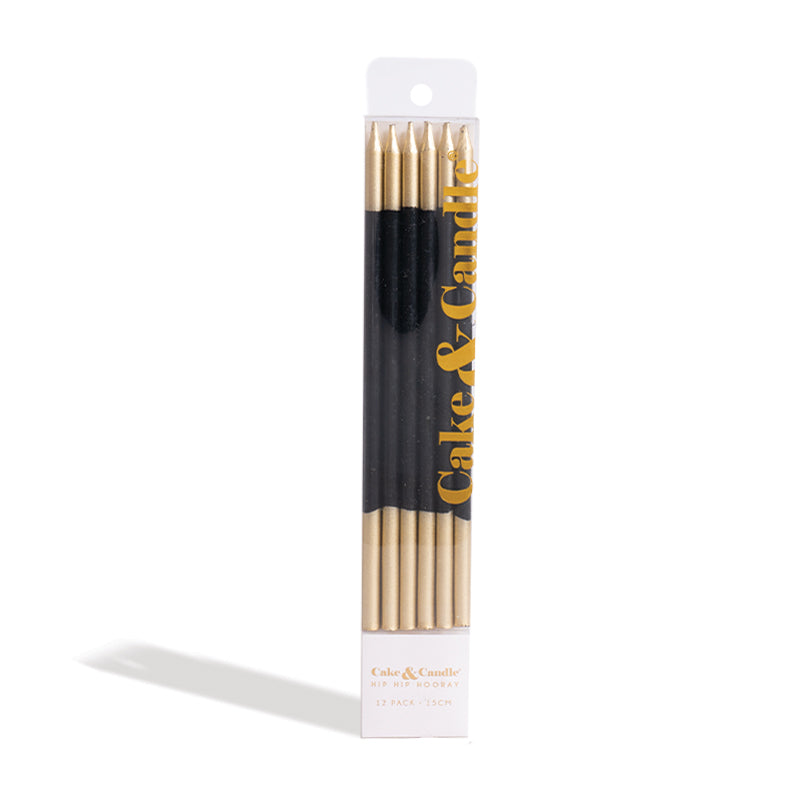 Cake & Candle Double Dipped Cake Candles Gold & Black 15cm 12 Pack