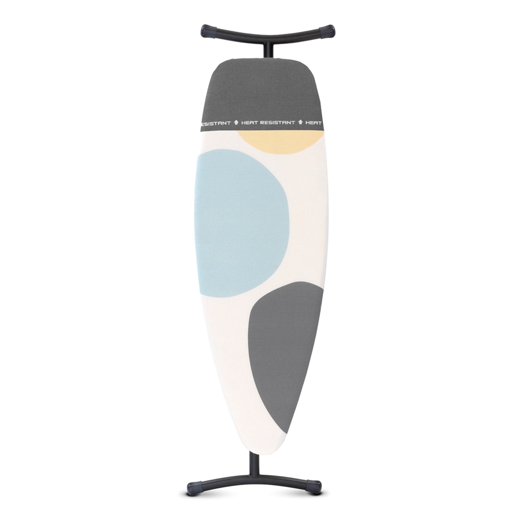 Brabantia Ironing Board (D) 135 x 45cm with Heat Resistant Iron Parking Zone, 35mm Black Frame, PerfectFlow Cover - Spring Bubbles