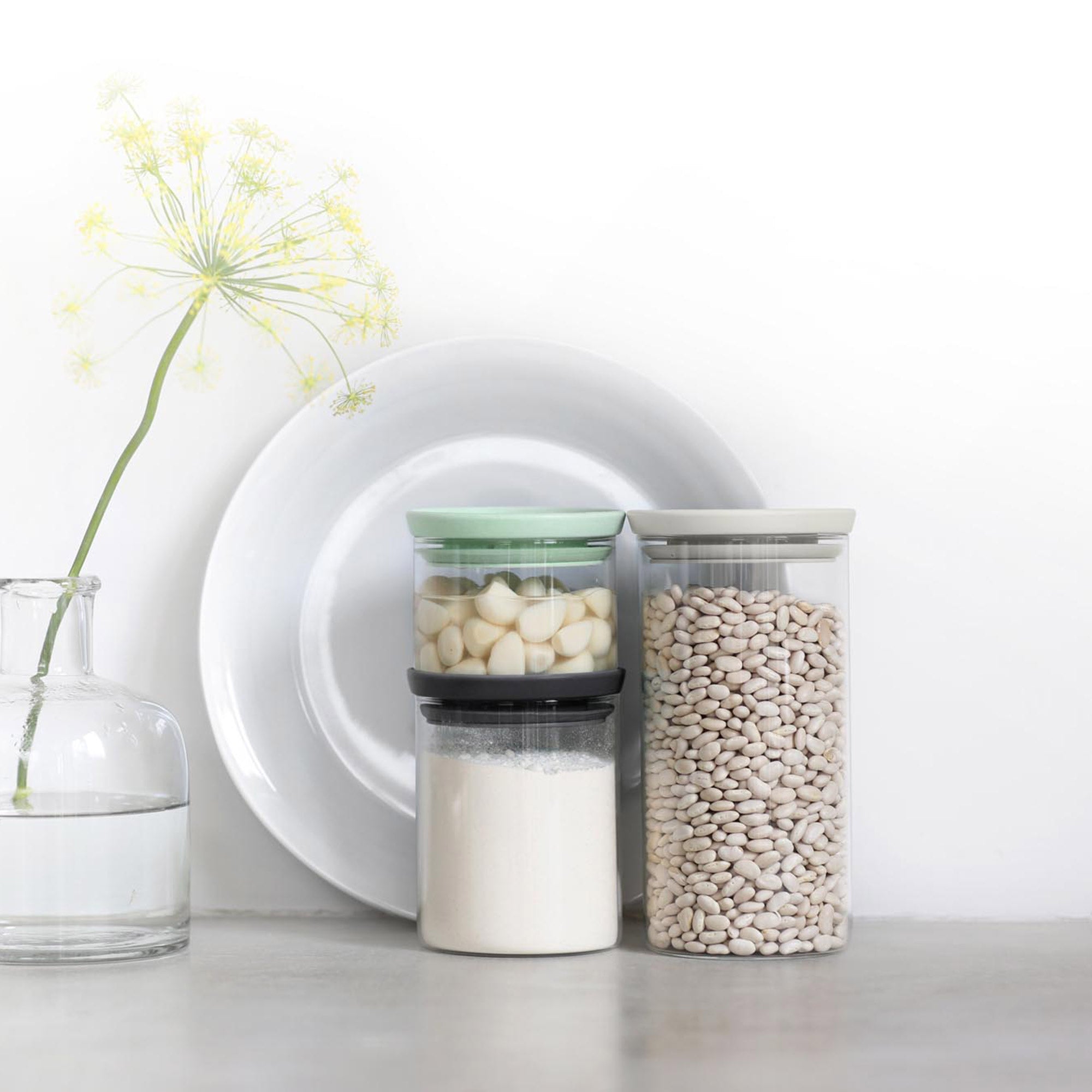 Brabantia Stackable Glass Jar 3 Piece Set with Soft Tone Lids (0.3/0.6/1.1 Litre)