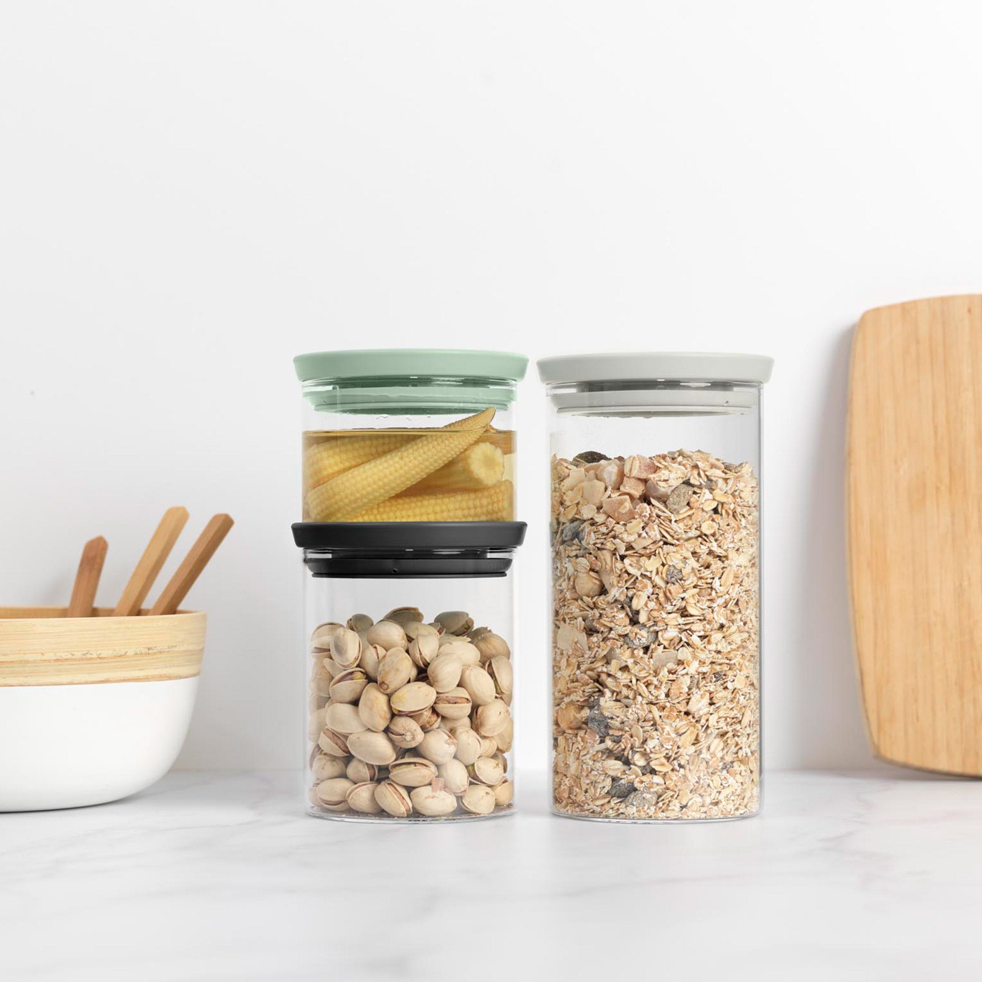 Brabantia Stackable Glass Jar 3 Piece Set with Soft Tone Lids (0.3/0.6/1.1 Litre)