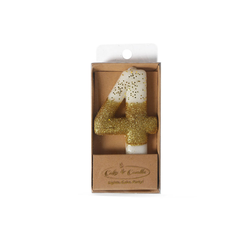 Cake & Candle Glitter Dipped Candle Number 4 Gold 8cm