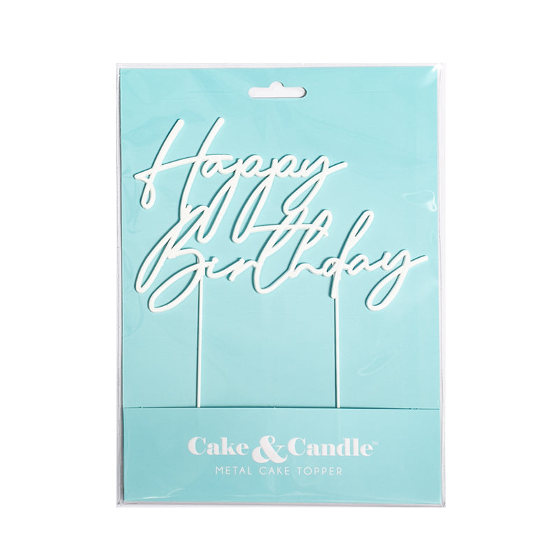 Cake & Candle Metal Cake Topper Happy Birthday 3 Pearl White
