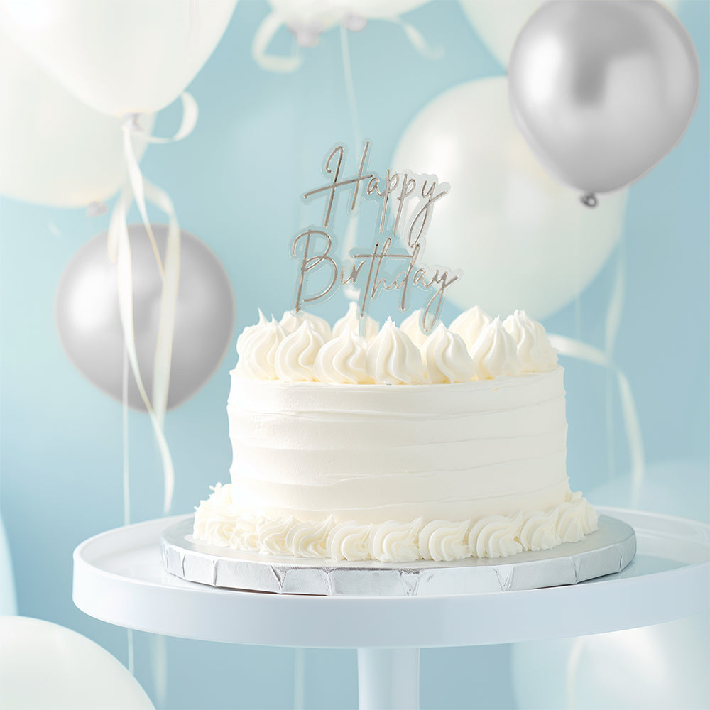Cake & Candle Layered Cake Topper Happy Birthday Silver & Clear