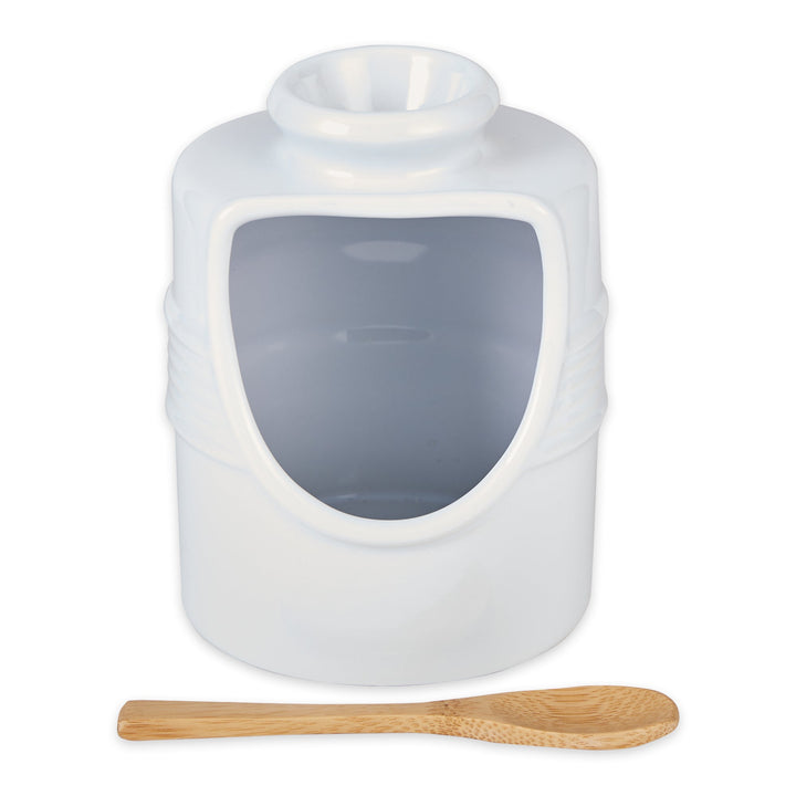 RSVP Stoneware Salt Pig with Bamboo Spoon 12cm - White