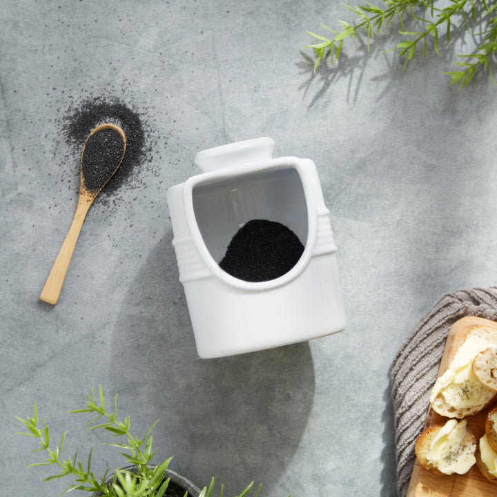 RSVP Stoneware Salt Pig with Bamboo Spoon 12cm - White