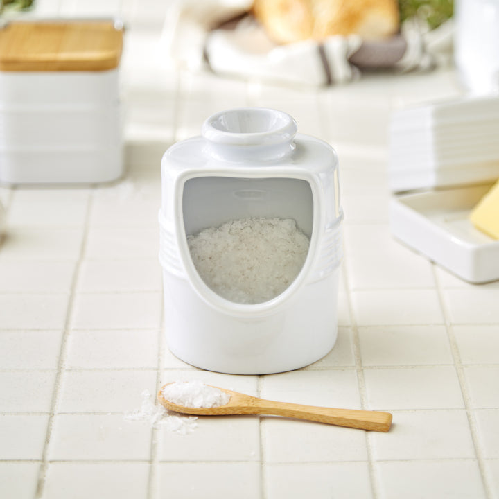 RSVP Stoneware Salt Pig with Bamboo Spoon 12cm - White