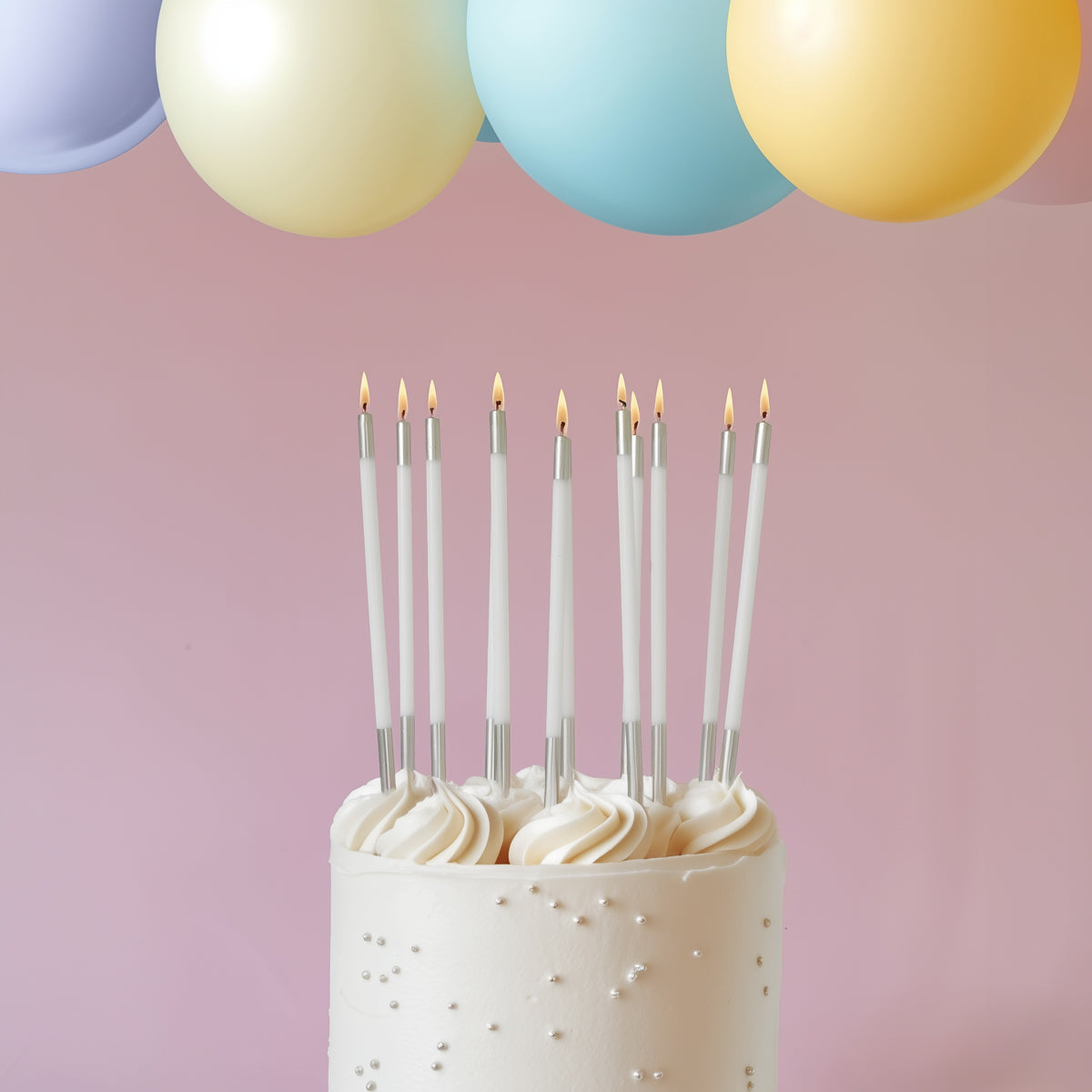 Cake & Candle Double Dipped Cake Candles Silver & White 15cm 12 Pack