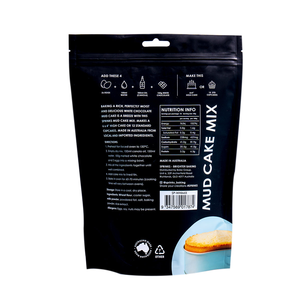 Sprinks Baking Essentials White Chocolate Mud Cake Mix 500g
