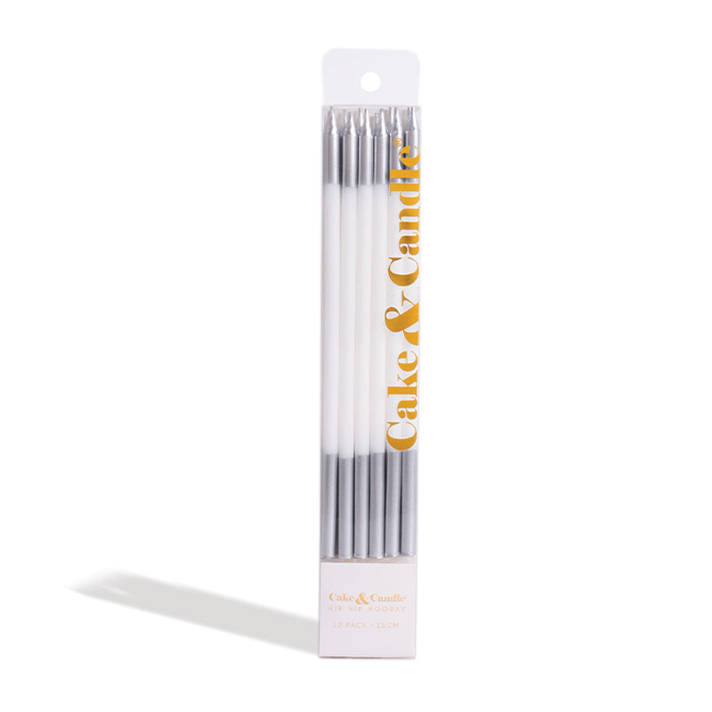 Cake & Candle Double Dipped Cake Candles Silver & White 15cm 12 Pack