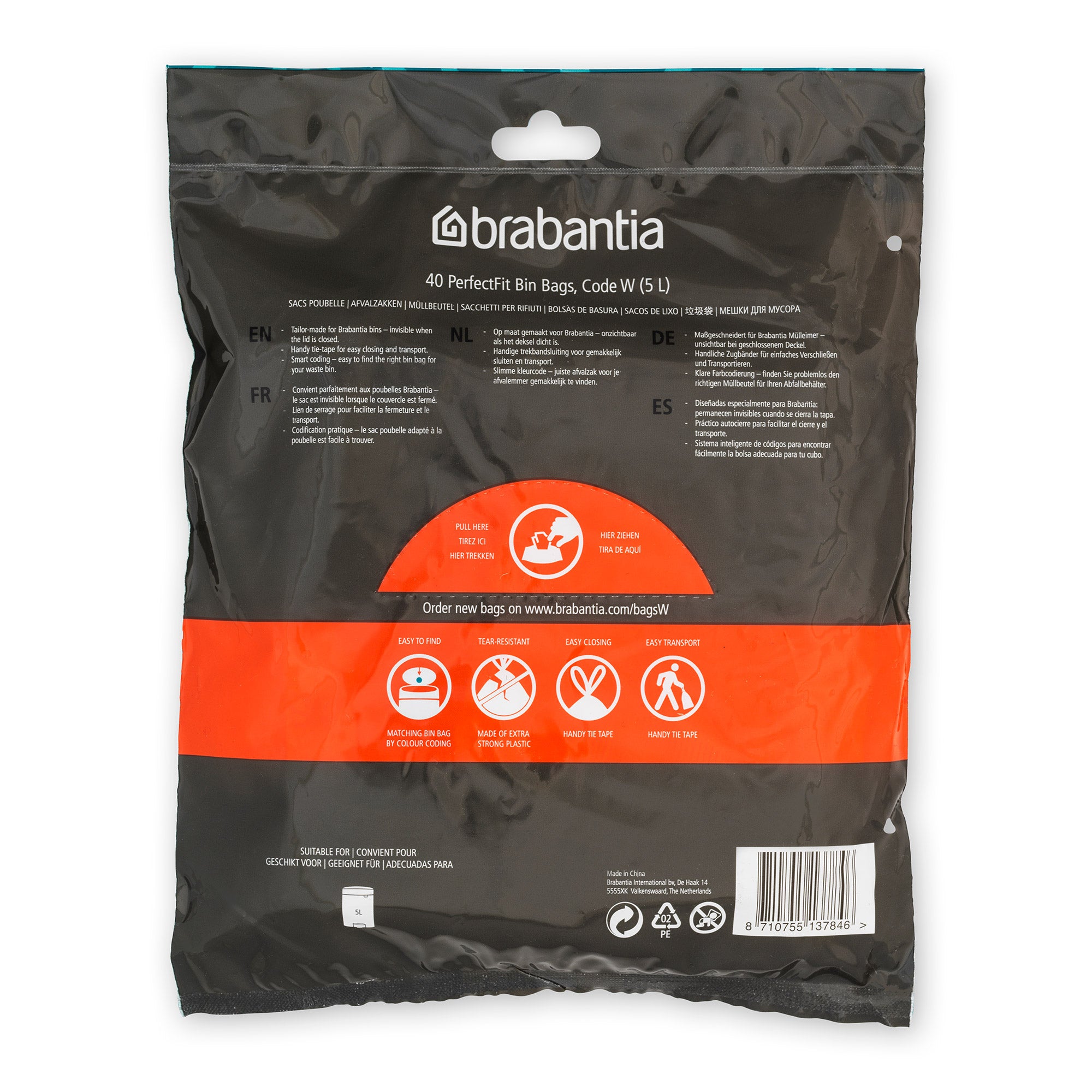 Brabantia Bin Liner Code W (5 Litre nICON) 40 Bags Dispenser Pack