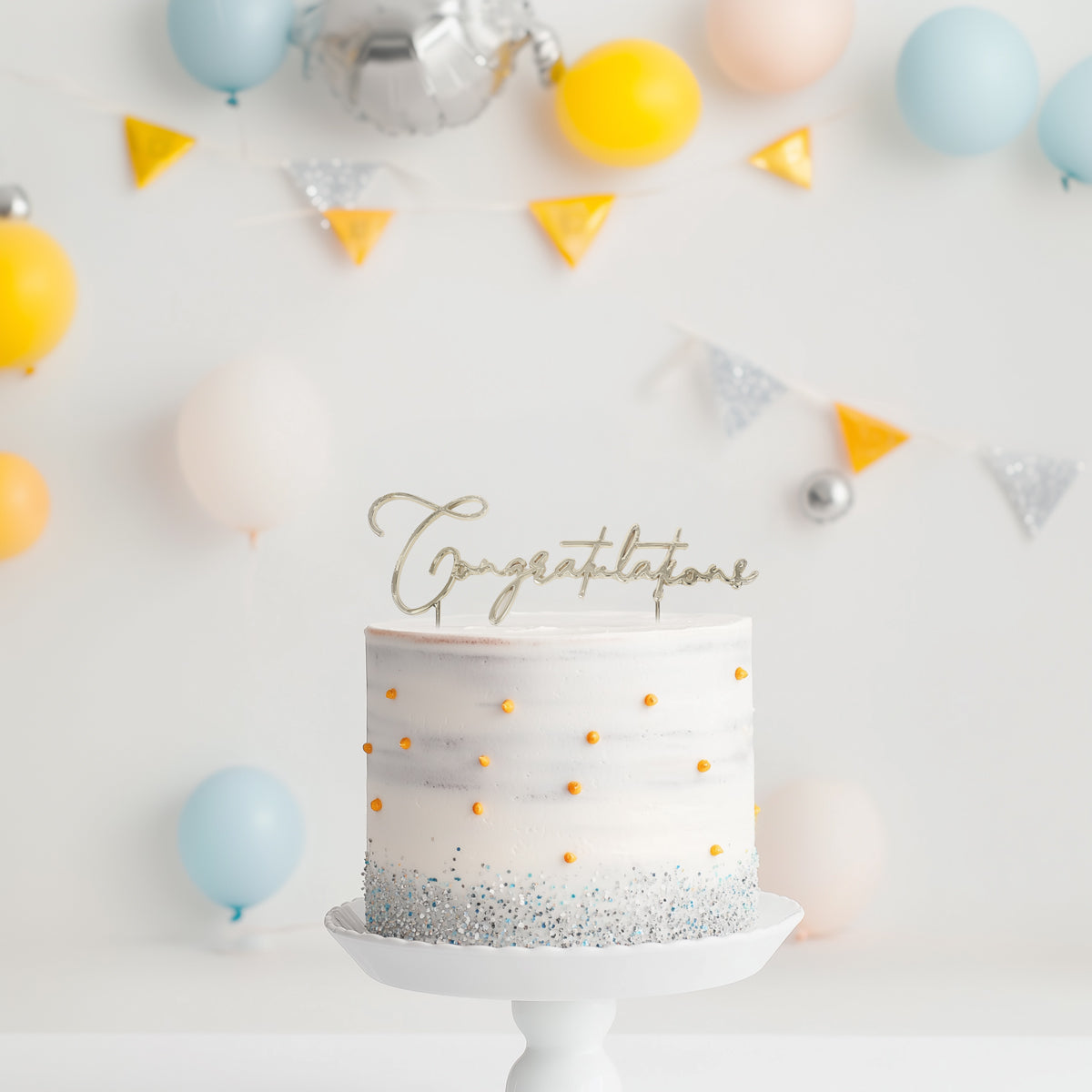 Cake & Candle Metal Cake Topper Congratulations Silver