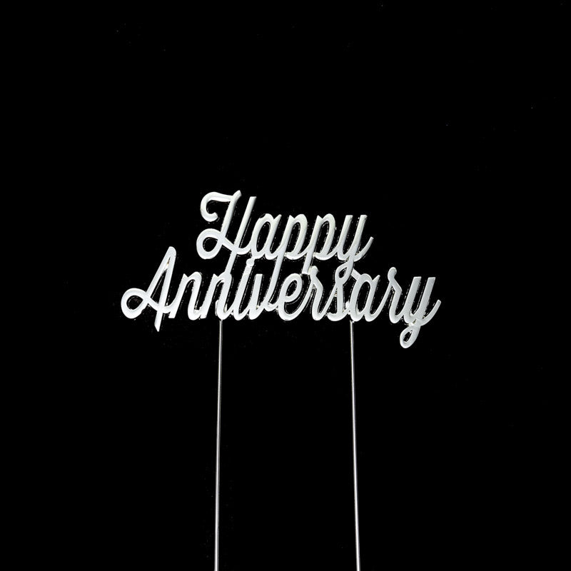 Cake & Candle Plated Cake Topper Happy Anniversary Silver