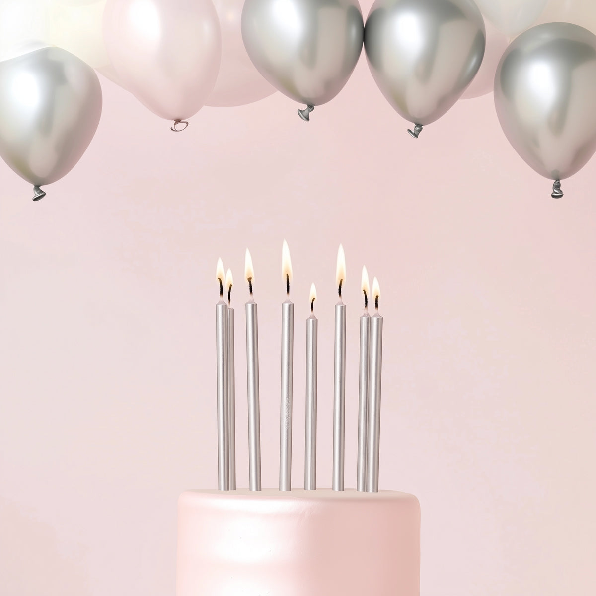 Cake & Candle Tall Cake Candles Silver 12cm 12 Pack