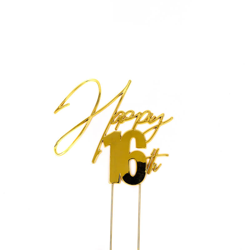 Cake & Candle Metal Cake Topper Happy 16th Gold