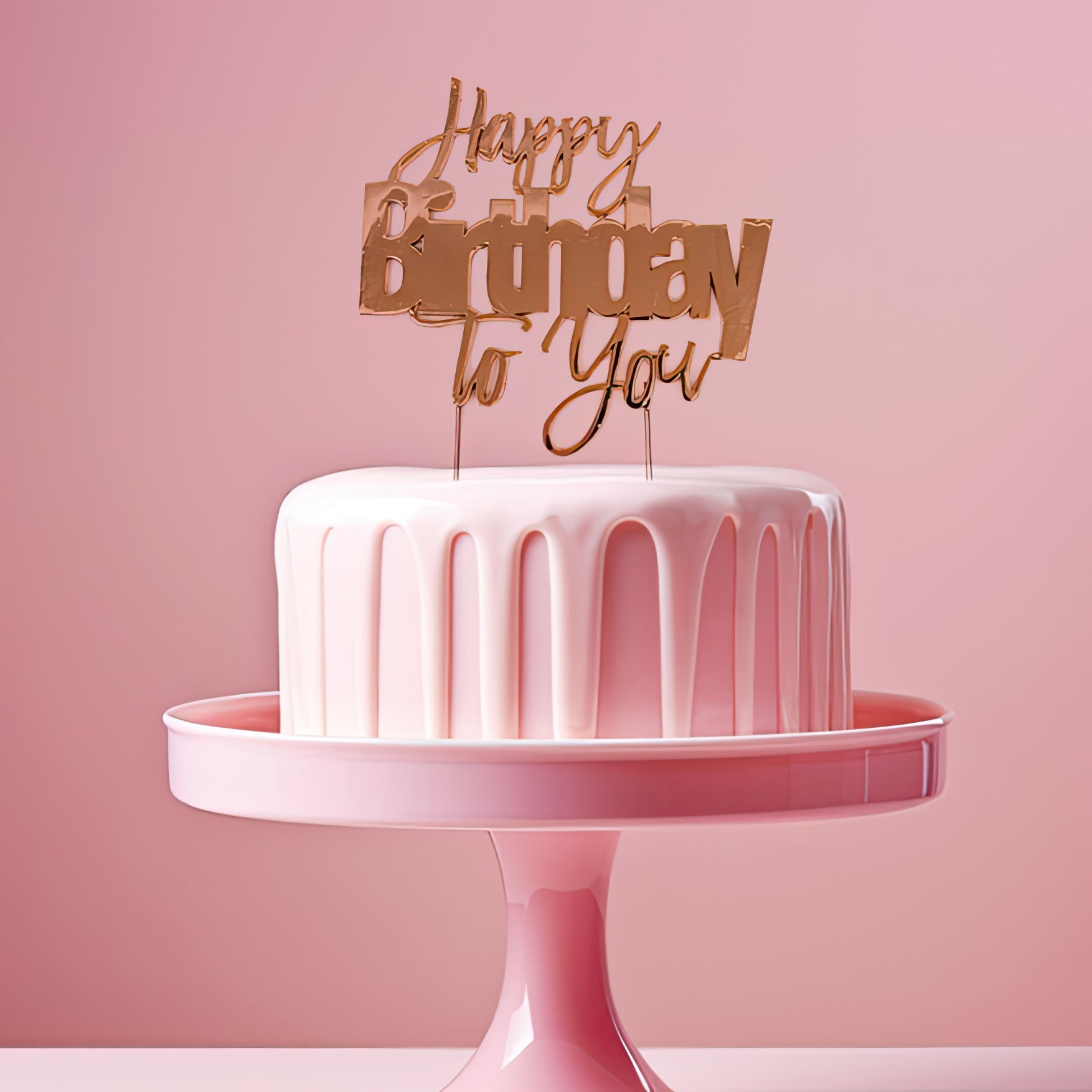 Cake & Candle Metal Cake Topper Happy Birthday to You Rose Gold
