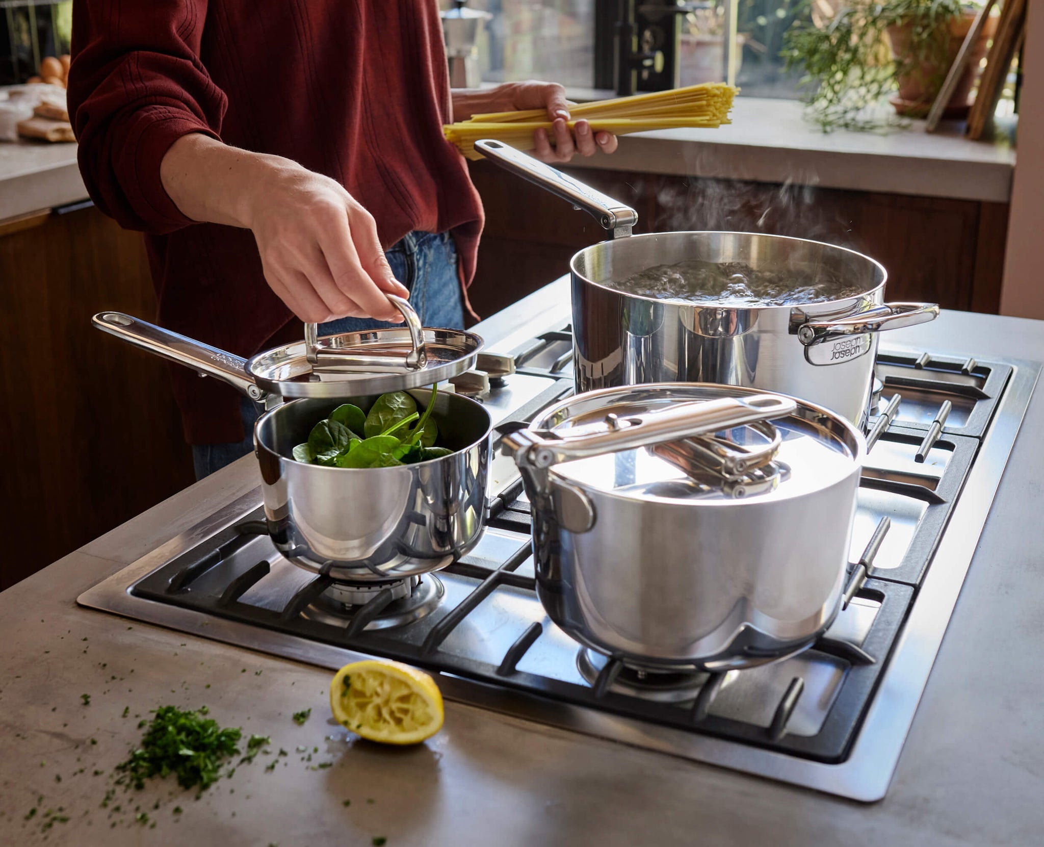 Joseph Joseph Space Steel 3-Piece Stainless-Steel Saucepan Set With  Folding Handles