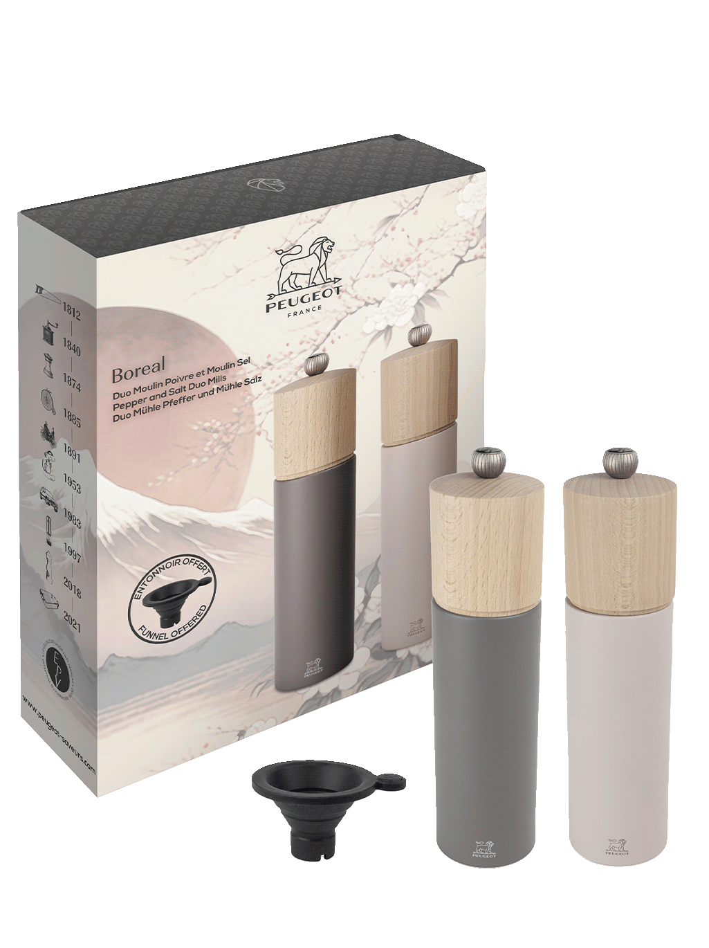 Peugeot Boreal Salt & Pepper Mills Duo Gift Set - 21cm + silicone funnel
