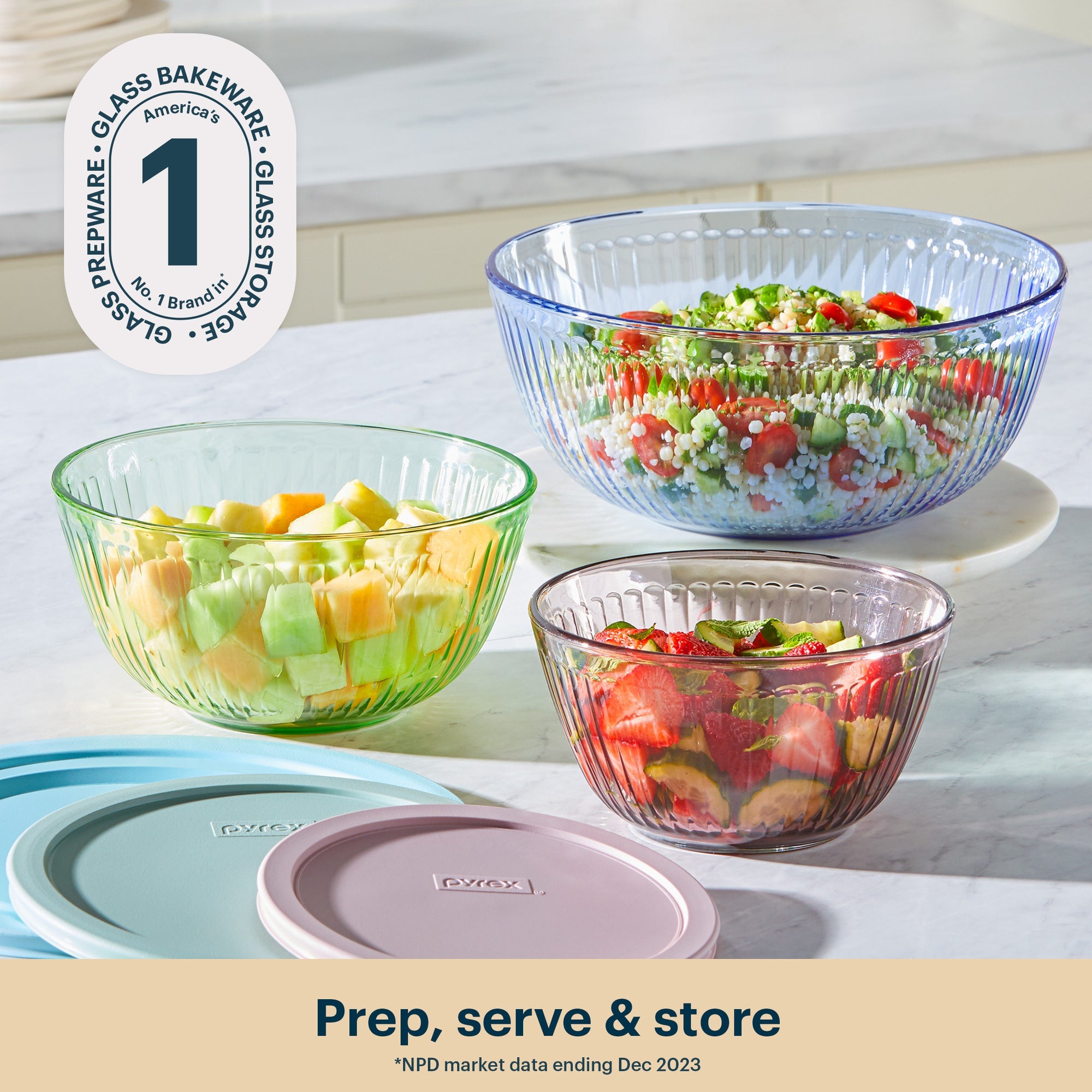 Pyrex Colors Sculptured 6 Piece Bowl Set (Blue & Green & Pink)