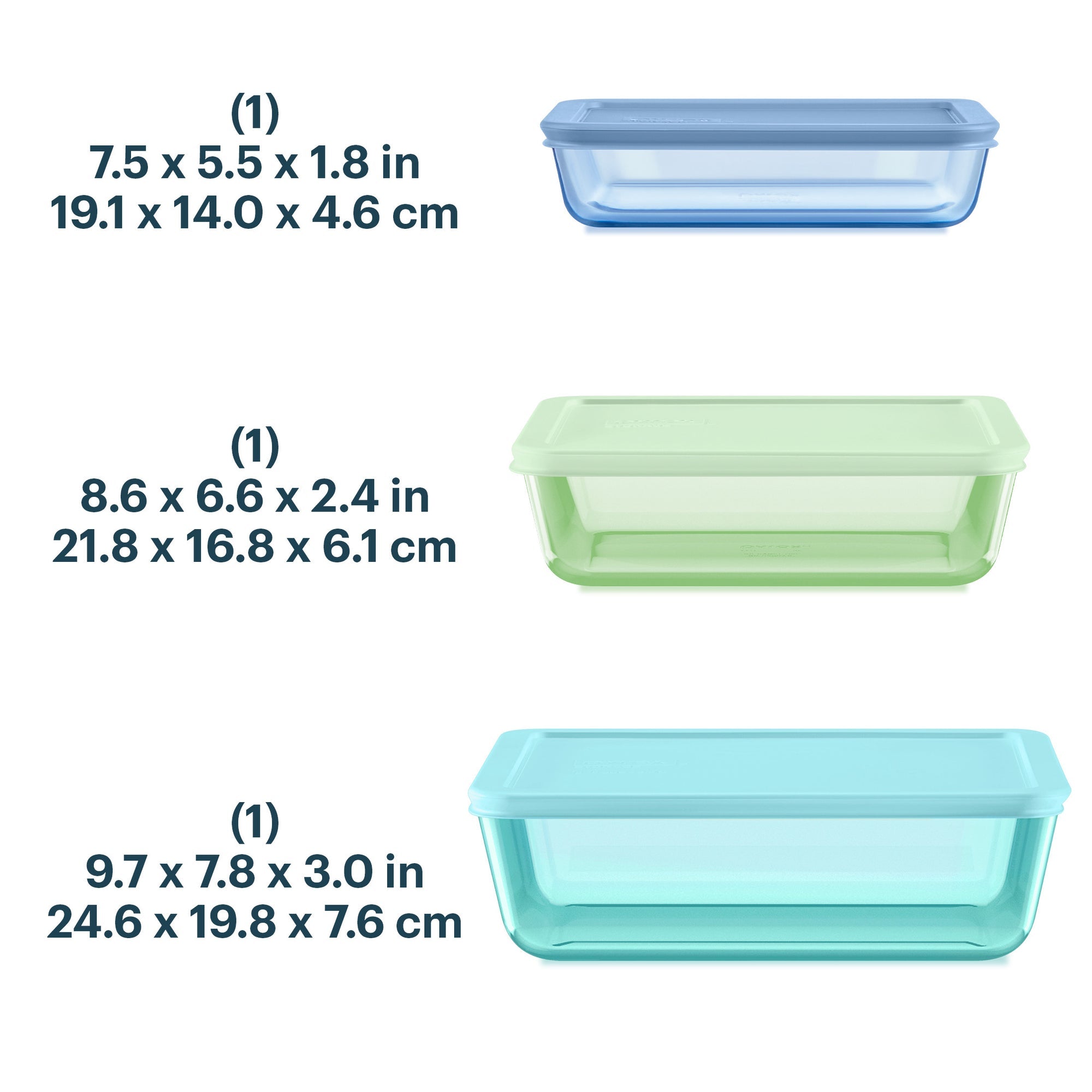 Pyrex Simply Store Colors Tinted Glass Rectangle Container 3 Piece Set Mixed Colors