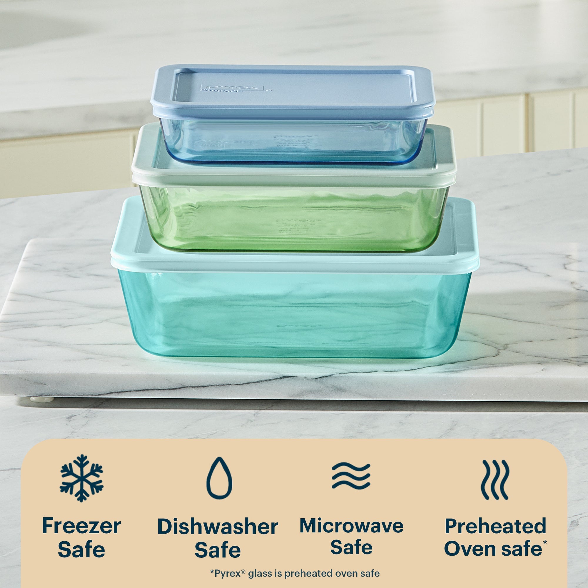 Pyrex Simply Store Colors Tinted Glass Rectangle Container 3 Piece Set Mixed Colors
