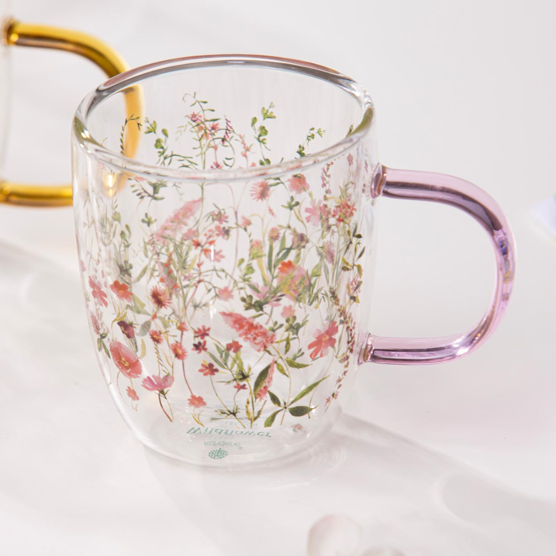 Ashdene Wildflowers Blush Double Walled Glass Mug