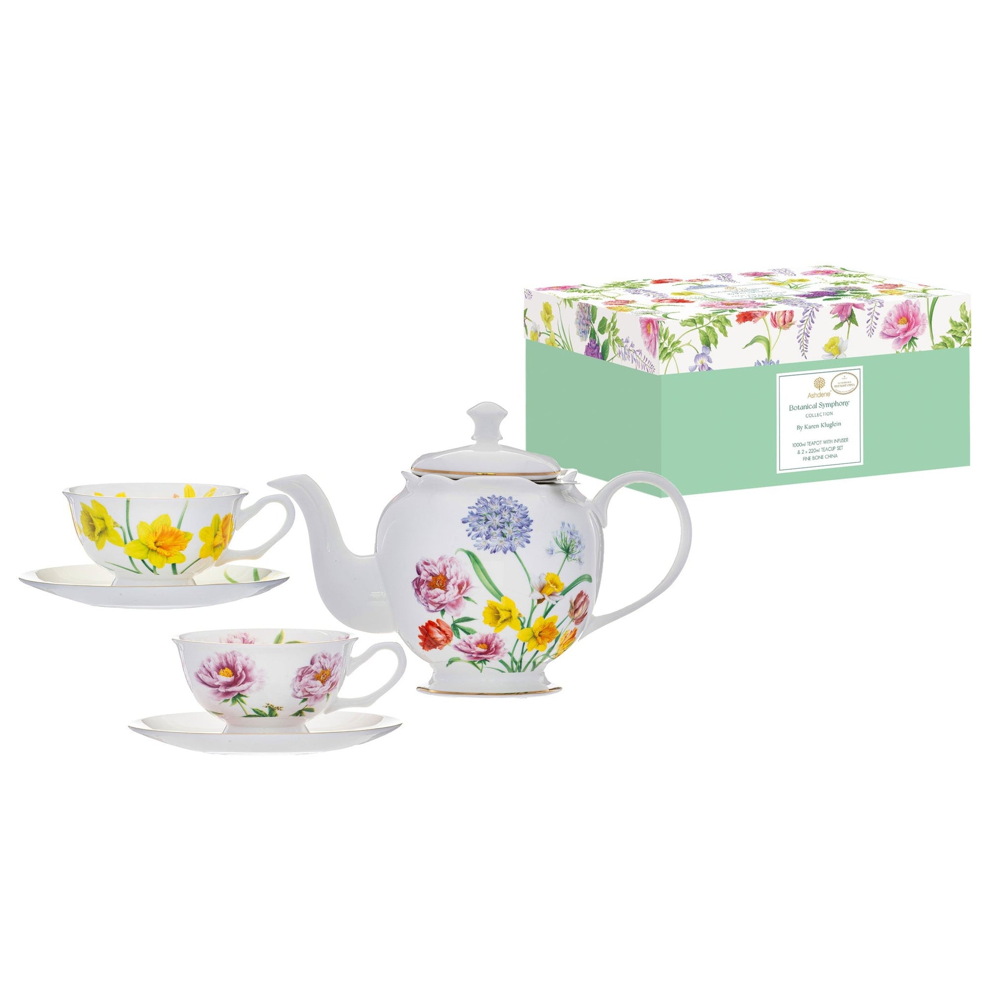 Ashdene Botanical Symphony Teapot & 2 Teacup Set