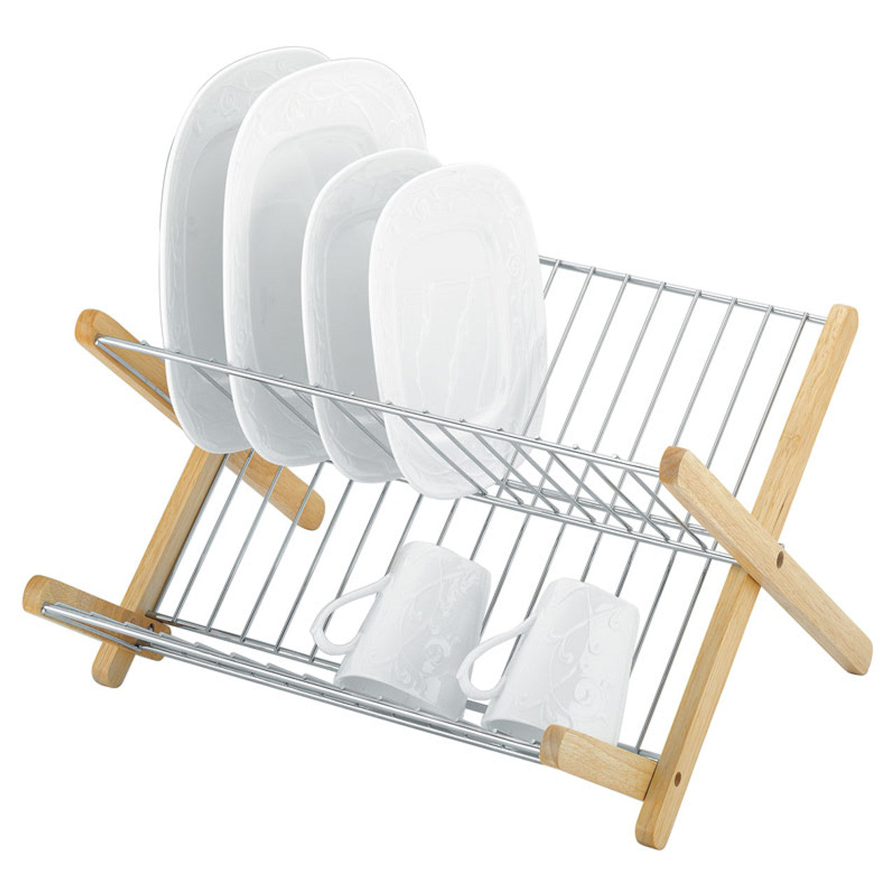 Avanti  Monterey Wood And Chrome x Profile Dish Rack With Foldout Step
