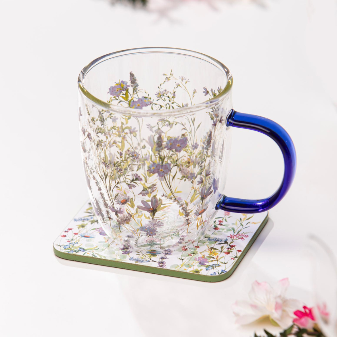 Ashdene Wildflowers Indigo Double Walled Glass Mug