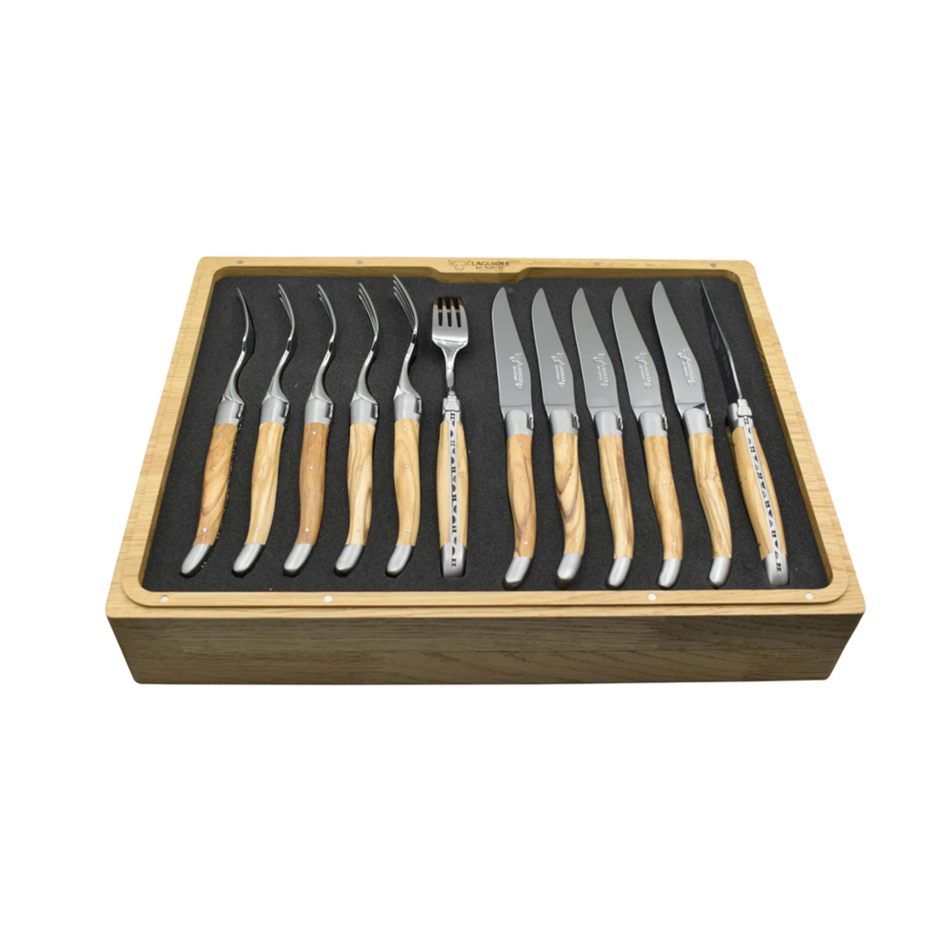 Laguiole en Aubrac 12 Piece Set - Olive Wood (6 Knives & 6 Forks)