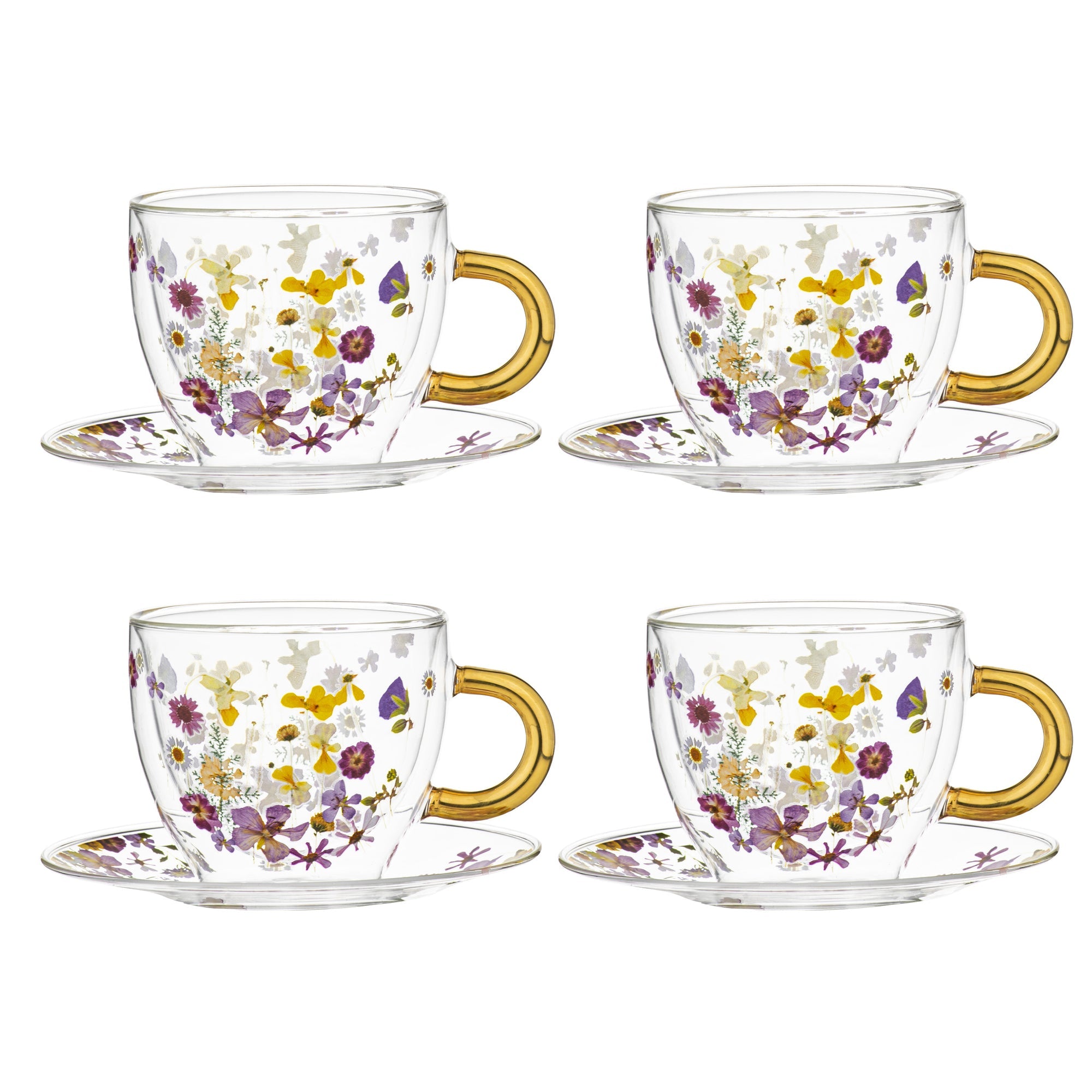 Ashdene Pressed Flowers Double Walled Glass Cup & Saucer Set Of 4