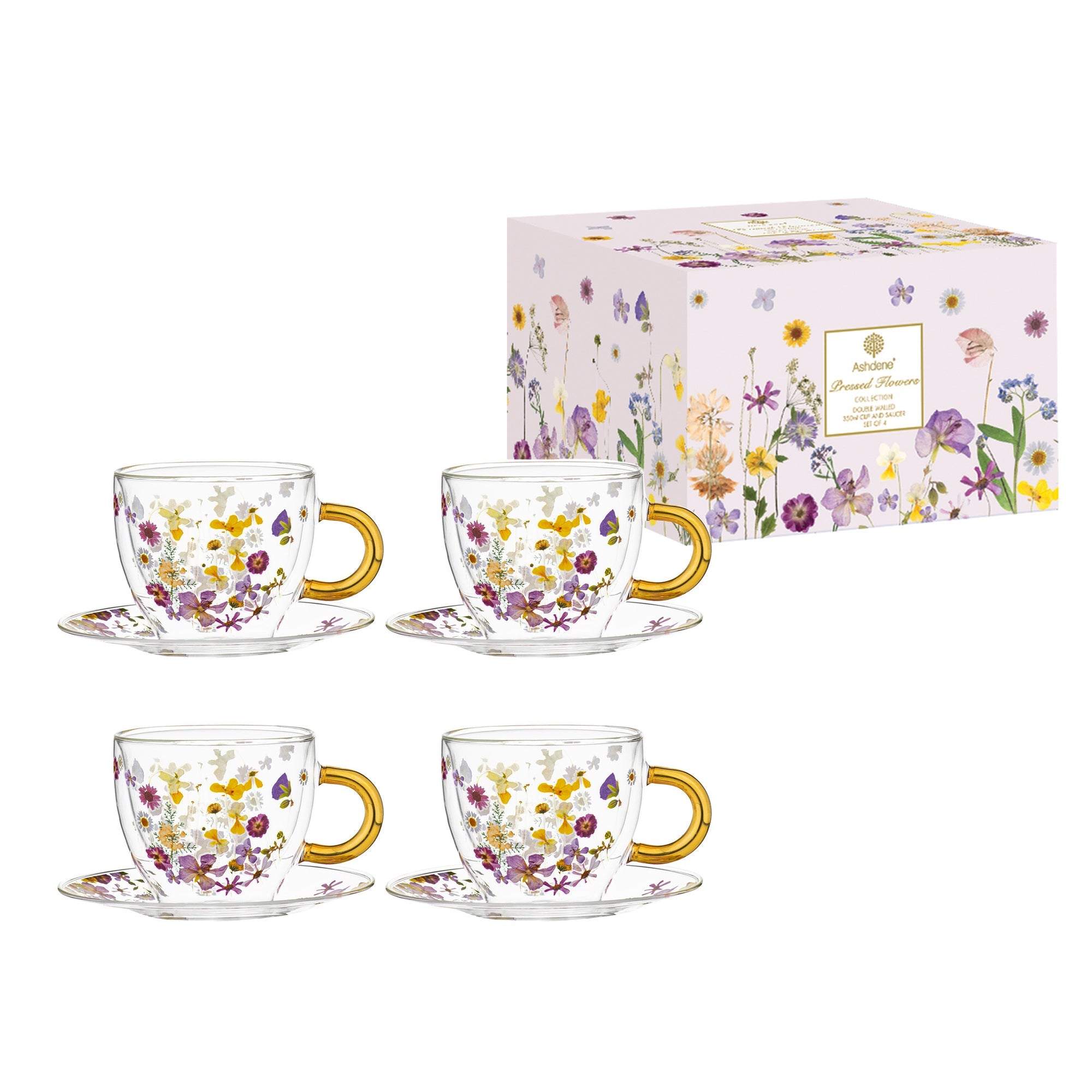 Ashdene Pressed Flowers Double Walled Glass Cup & Saucer Set Of 4