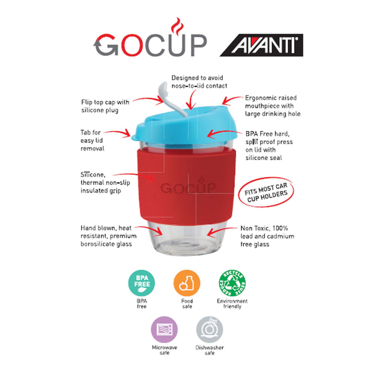 Avanti  Glass GOCUP - 296ml/10Oz - Green/Coral/Sea Foam