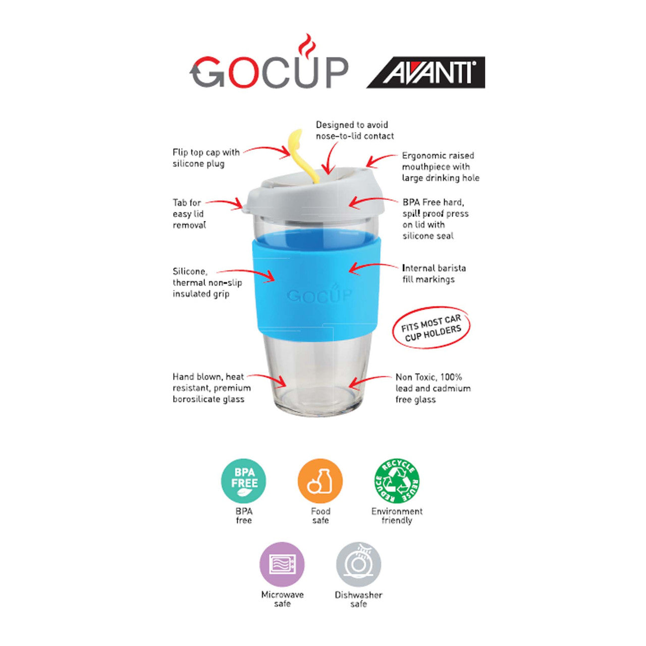 Avanti  Glass GOCUP - 473ml/16Oz - Green/Coral/Sea Foam
