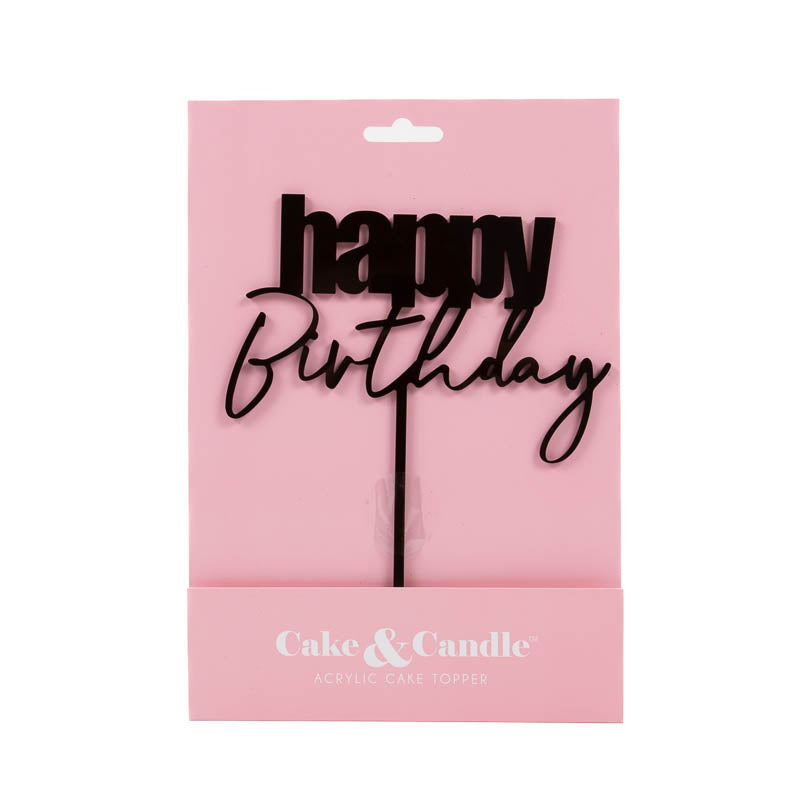 Cake & Candle Cursive Happy Birthday Cake Topper Black