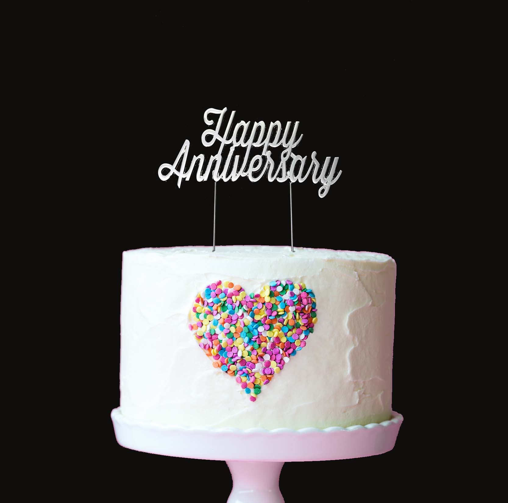 Cake & Candle Plated Cake Topper Happy Anniversary Silver
