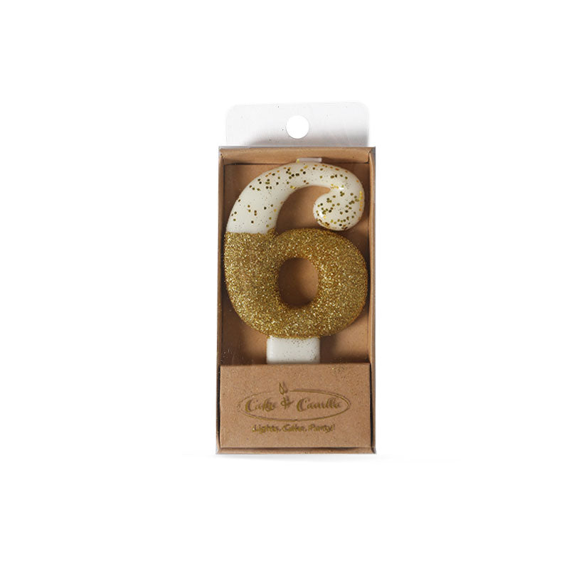 Cake & Candle Glitter Dipped Candle Number 6 Gold 8cm