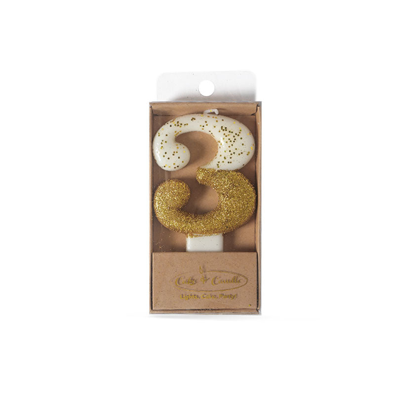 Cake & Candle Glitter Dipped Candle Number 3 Gold 8cm