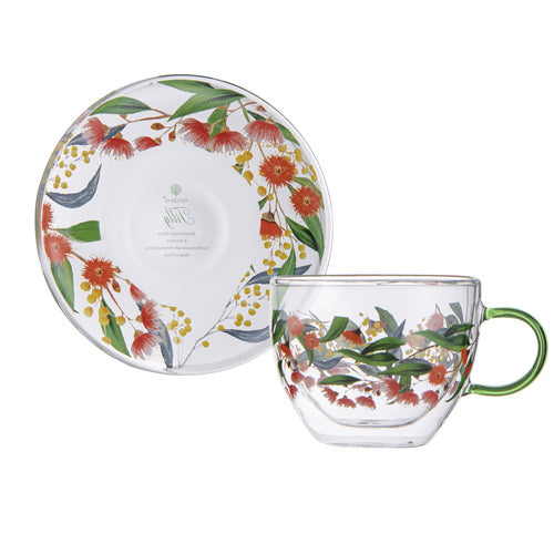 Ashdene Tilly Flowering Gum Double Walled Glass Cup & Saucer