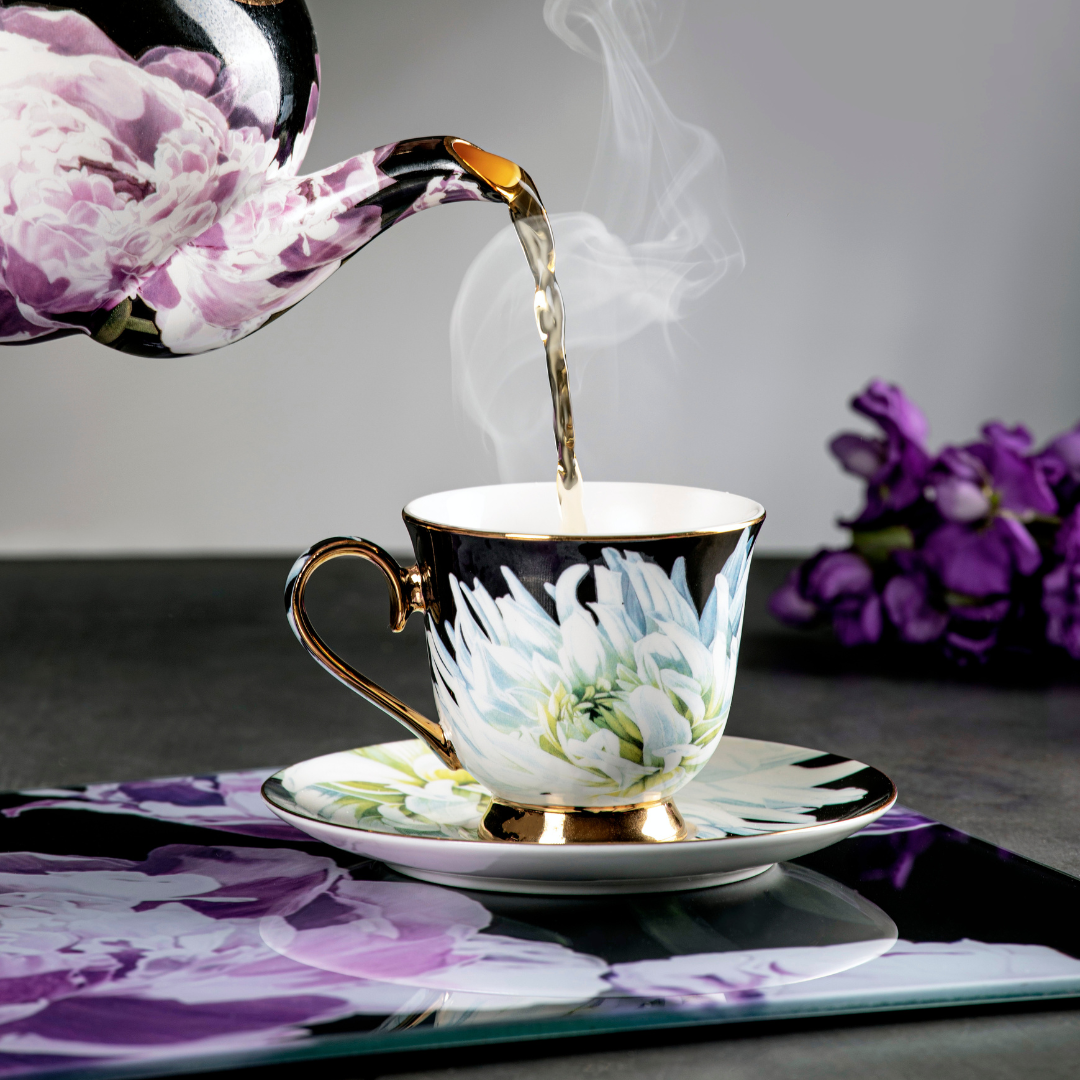 Ashdene Dark Florals White Dahlia Cup & Saucer
