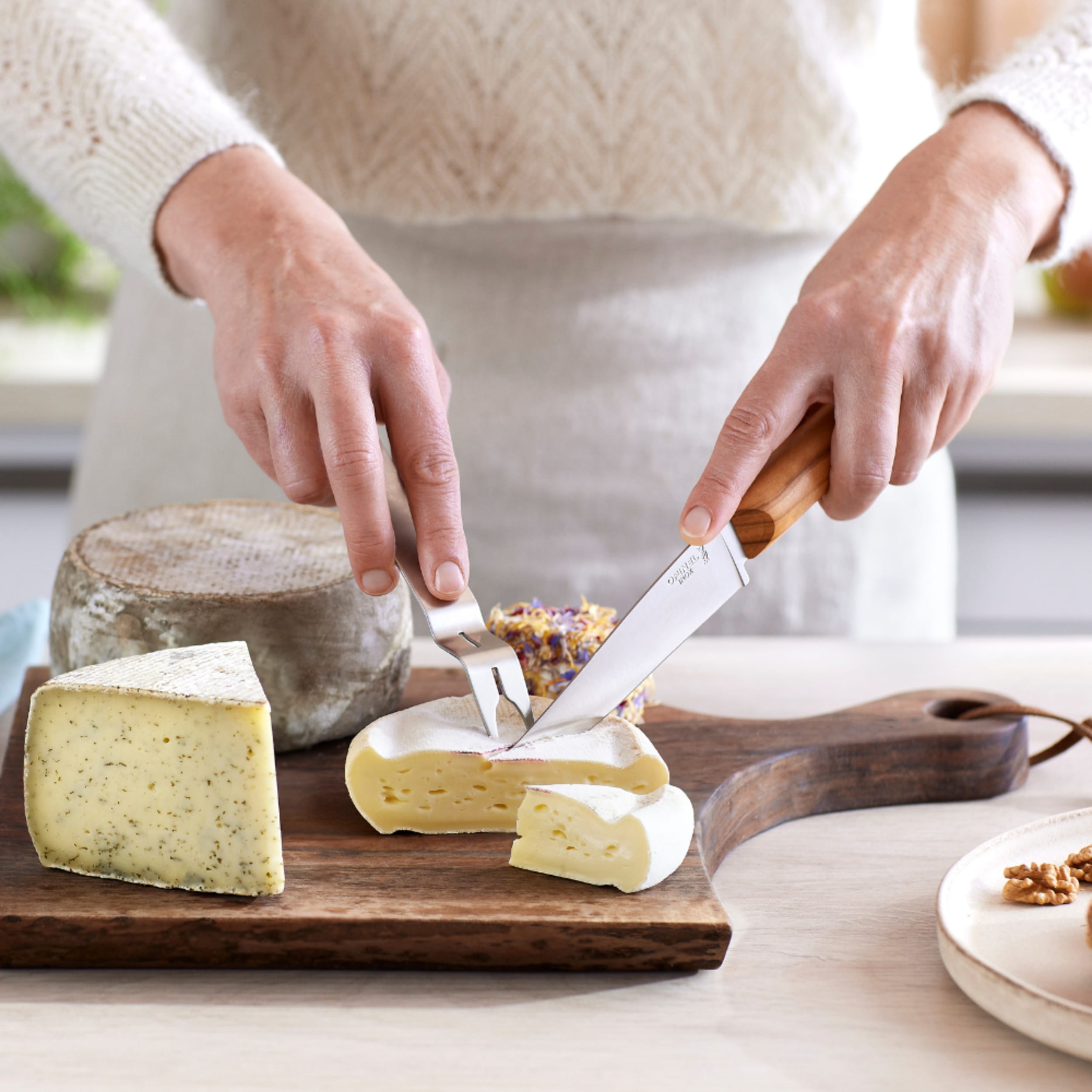 Opinel Cheese Knife & Fork 2 Piece Set Olive