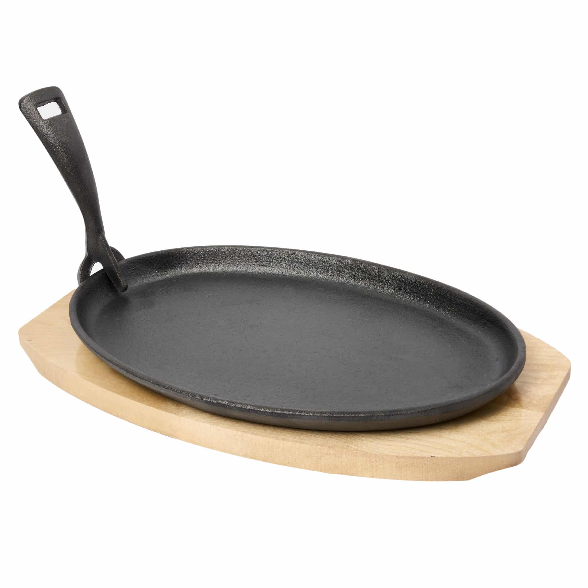 KH Khast Cast Iron Oval Sizzle Plate with Wooden Tray 23 × 14cm