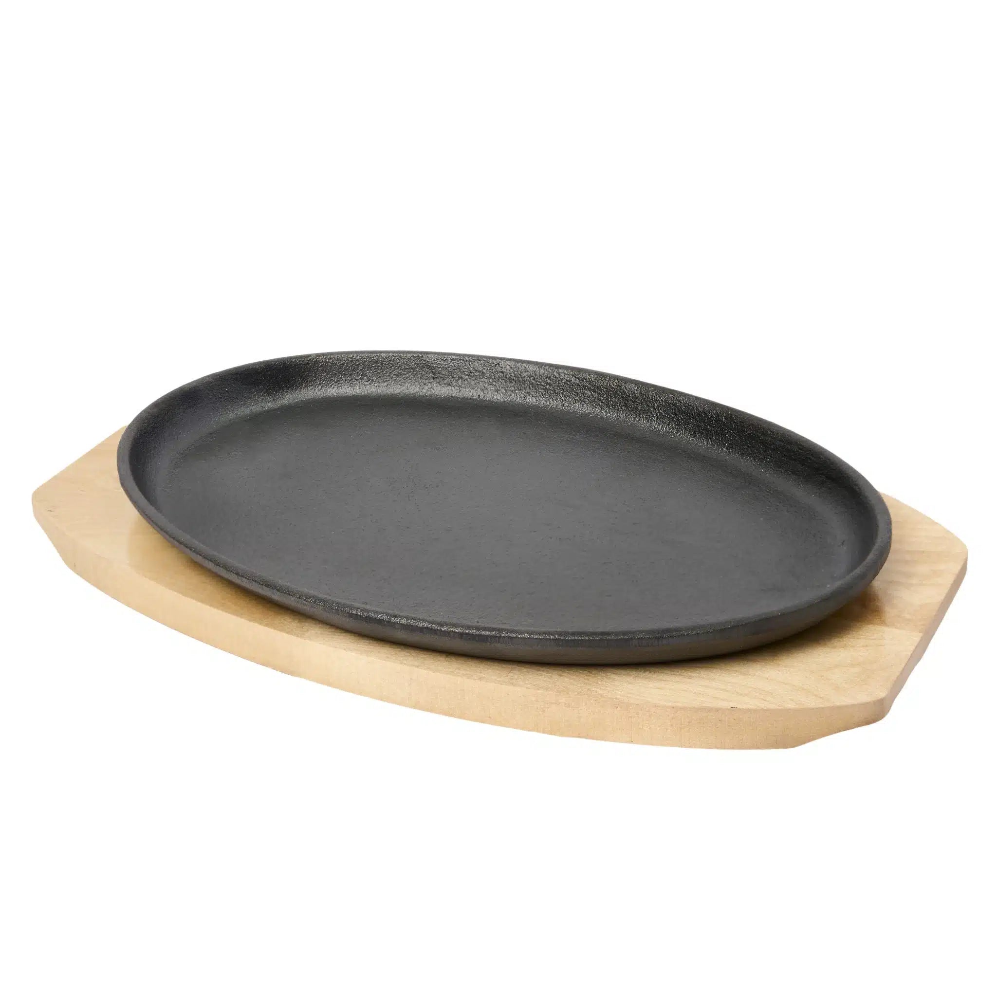 KH Khast Cast Iron Oval Sizzle Plate with Wooden Tray 23 × 14cm